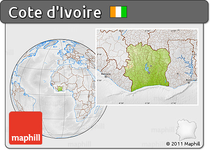 Physical Location Map of Cote D'Ivoire, lighten, desaturated