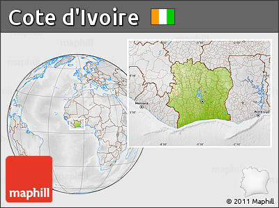 Physical Location Map of Cote D'Ivoire, lighten, desaturated