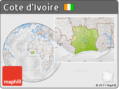 Physical Location Map of Cote D'Ivoire, lighten, desaturated