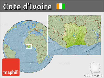 Physical Location Map of Cote D'Ivoire, savanna style outside, hill shading