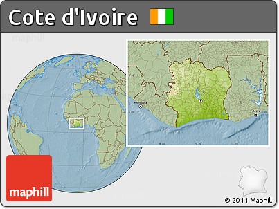 Physical Location Map of Cote D'Ivoire, savanna style outside, hill shading