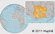 Political Location Map of Cote d'Ivoire, gray outside, hill shading