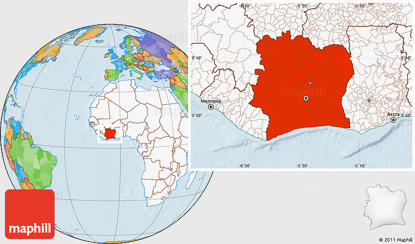 Political Location Map of Cote D'Ivoire, highlighted continent