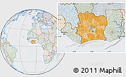 Political Location Map of Cote d'Ivoire, lighten, semi-desaturated