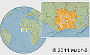 Political Location Map of Cote d'Ivoire, savanna style outside, hill shading