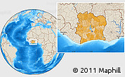 Political Location Map of Cote d'Ivoire, shaded relief outside