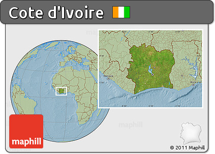 Satellite Location Map of Cote D'Ivoire, savanna style outside, hill shading
