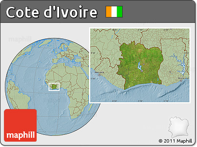 Satellite Location Map of Cote D'Ivoire, savanna style outside, hill shading