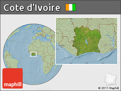 Satellite Location Map of Cote D'Ivoire, savanna style outside, hill shading