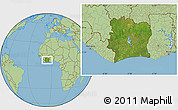 Satellite Location Map of Cote d'Ivoire, savanna style outside