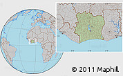 Savanna Style Location Map of Cote d'Ivoire, gray outside, hill shading inside