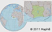 Savanna Style Location Map of Cote d'Ivoire, gray outside, hill shading outside