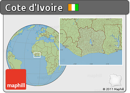 Savanna Style Location Map of Cote D'Ivoire, hill shading inside