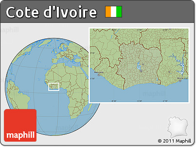 Savanna Style Location Map of Cote D'Ivoire, hill shading inside