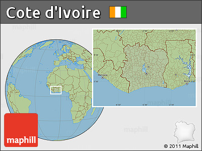 Savanna Style Location Map of Cote D'Ivoire, hill shading inside