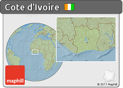 Savanna Style Location Map of Cote D'Ivoire, hill shading outside