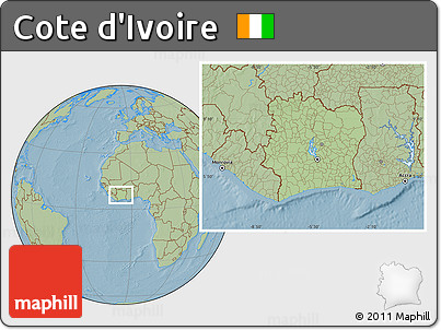 Savanna Style Location Map of Cote D'Ivoire, hill shading outside