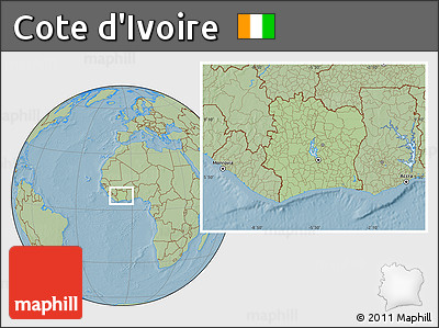 Savanna Style Location Map of Cote D'Ivoire, hill shading outside