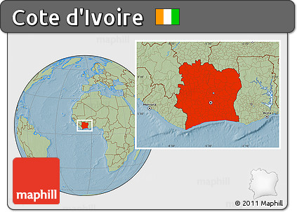 Savanna Style Location Map of Cote D'Ivoire, hill shading