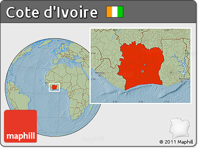 Savanna Style Location Map of Cote D'Ivoire, hill shading