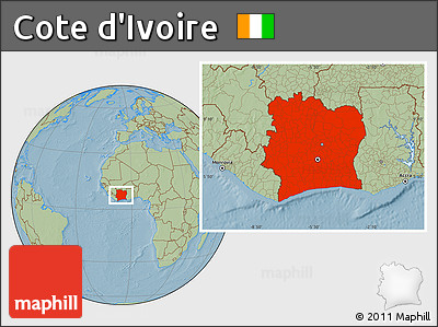 Savanna Style Location Map of Cote D'Ivoire, hill shading