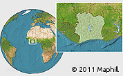 Savanna Style Location Map of Cote d'Ivoire, satellite outside