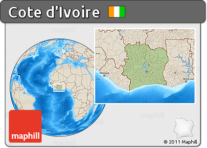 Savanna Style Location Map of Cote D'Ivoire, shaded relief outside