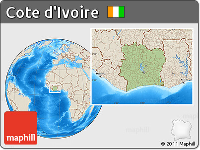 Savanna Style Location Map of Cote D'Ivoire, shaded relief outside