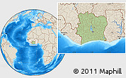 Savanna Style Location Map of Cote d'Ivoire, shaded relief outside