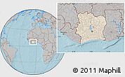 Shaded Relief Location Map of Cote d'Ivoire, gray outside, hill shading
