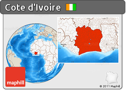 Shaded Relief Location Map of Cote D'Ivoire, highlighted continent