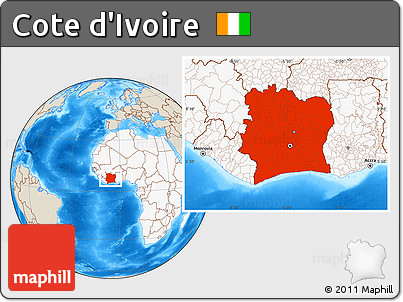 Shaded Relief Location Map of Cote D'Ivoire, highlighted continent
