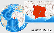 Shaded Relief Location Map of Cote d'Ivoire, highlighted continent