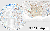 Shaded Relief Location Map of Cote d'Ivoire, lighten, desaturated