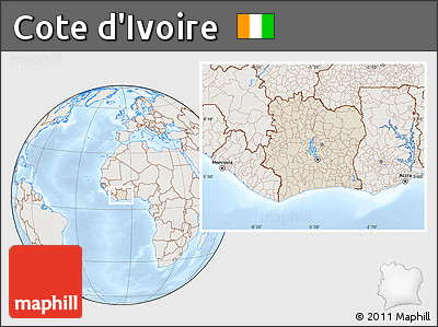 Shaded Relief Location Map of Cote D'Ivoire, lighten