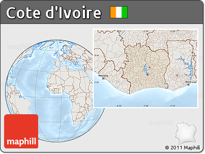 Shaded Relief Location Map of Cote D'Ivoire, lighten