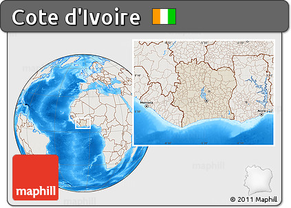 Shaded Relief Location Map of Cote D'Ivoire, lighten, land only