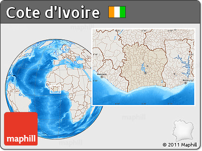 Shaded Relief Location Map of Cote D'Ivoire, lighten, land only