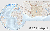 Shaded Relief Location Map of Cote d'Ivoire, lighten, semi-desaturated