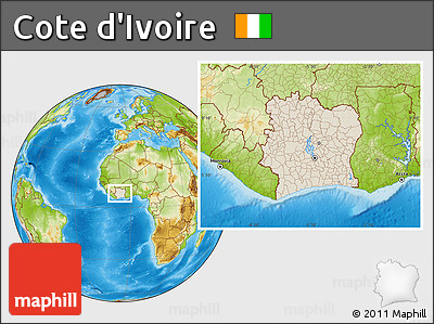 Shaded Relief Location Map of Cote D'Ivoire, physical outside