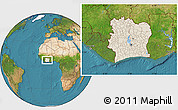 Shaded Relief Location Map of Cote d'Ivoire, satellite outside
