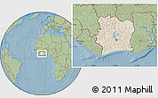 Shaded Relief Location Map of Cote d'Ivoire, savanna style outside, hill shading