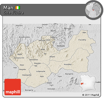 Shaded Relief 3D Map of Man, desaturated