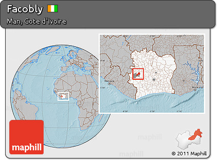 Gray Location Map of Facobly, highlighted country, highlighted parent region, within the entire country, hill shading