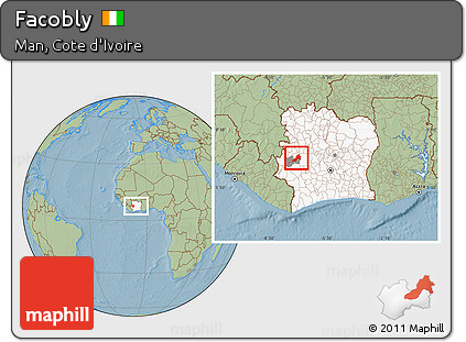 Savanna Style Location Map of Facobly, highlighted country, highlighted parent region, within the entire country, hill shading