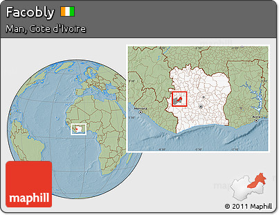Savanna Style Location Map of Facobly, highlighted country, highlighted parent region, within the entire country, hill shading