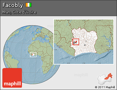 Savanna Style Location Map of Facobly, highlighted country, highlighted parent region, within the entire country, hill shading