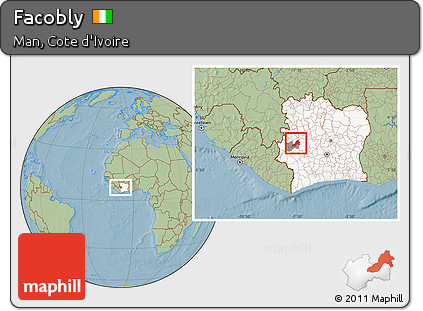 Savanna Style Location Map of Facobly, highlighted country, highlighted parent region, hill shading