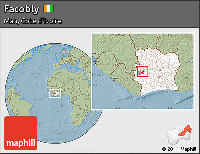 Savanna Style Location Map of Facobly, highlighted country, highlighted parent region, hill shading