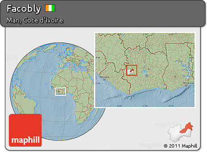 Savanna Style Location Map of Facobly, highlighted parent region, within the entire country, hill shading
